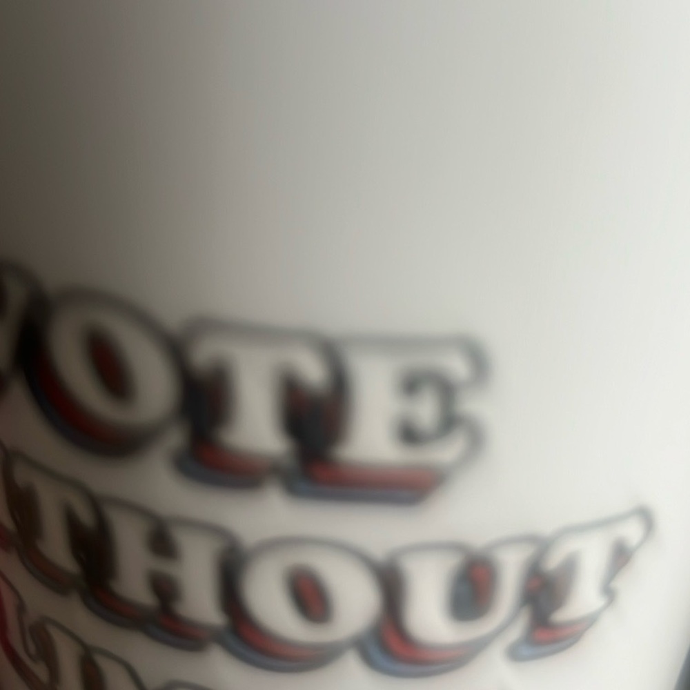 White and Red Text Mug